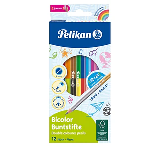 Pelikan Pack de 12 Lapices Bicolor - Redondos - Mina Antirotura de 2.9mm - Lavables - Colores Surtidos