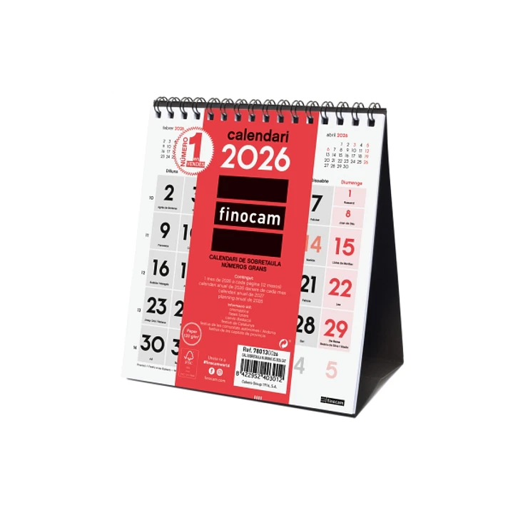 Finocam Calendario de Sobremesa en Catalan - Anual 2026 - 140x70x155mm - Numeros Grandes - Color Blanco y Rojo 1