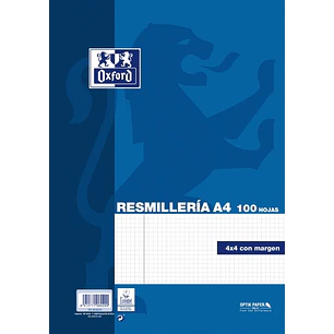 Oxford Resmilleria de 100 Hojas - Formato A4 - Cuadricula 4x4mm con Margen - Tapa Blanda - sin Taladros - Color Azul