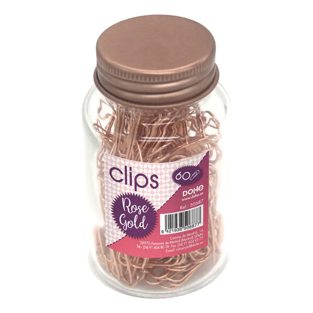Dohe Bote de Cristal con 60 Clips Metalicos de 50mm - Color Oro Rosa 1