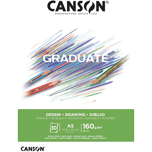Canson Graduate Dibujo Bloc Encolado de 30 Hojas A5 - 160g - Grano Fino - Color Blanco Natural