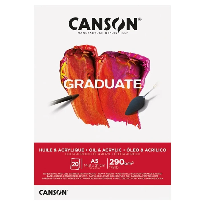 Canson Graduate Oleo & Acrilico Bloc Encolado de 20 Hojas A5 - 290g - Grano Fino - Color Blanco 1