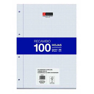 Miquel Rius Recambio Formato A4 - 100 Hojas Sueltas de 90gr con 4 Taladros - Cuadricula 4x4 con Margen