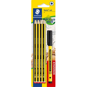 Staedtler Noris 120 Pack con 8 Lapices de Grafito Hexagonales HB + 1 Fineliner Noris Writing Pen 307 Negro - Resistencia a la Rotura - Madera de Bosqu