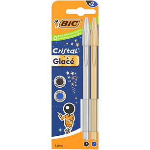 Bic Cristal Glace Pack con 2 Boligrafos de Bola - Cuerpo Opaco en Colores Metalizados Mate - Punta Redonda de 1mm - Trazo 0.4mm - Tinta con Base de Ac