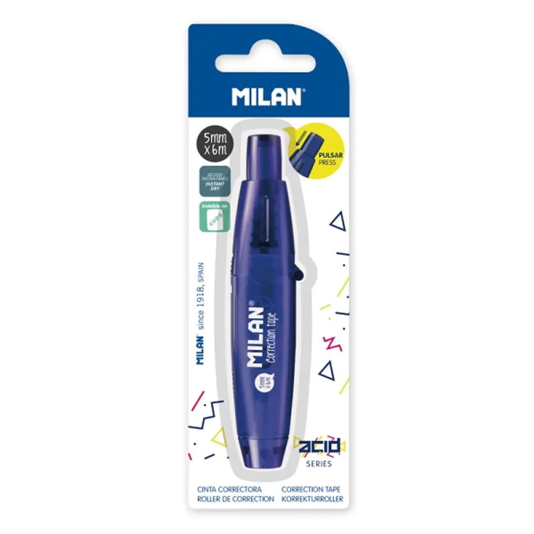 Milan Acid Cinta Correctora con Pulsador - Presentacion en Blister - 5mm x 6m - Color Azul 1