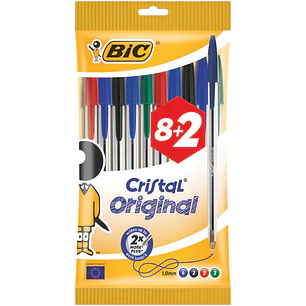 Bic Cristal Original Pack de 10 Boligrafos de Bola - Punta Redonda de 1.0mm - Trazo 0.4mm - Tinta con Base de Aceite - Colores Surtidos