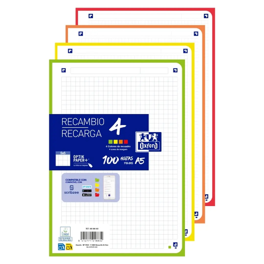 Oxford Recambios de 100 Hojas - Formato A5 - Cuadricula 5x5mm - 4 Taladros - Digitalizacion de Textos con App - Bandas de Colores Surtidos 1