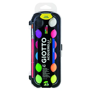 Giotto Fluo Pack de 12 Acuarelas - 1 Pincel Incluido - Diametro Pastilla 30mm - Colores Fluorescentes