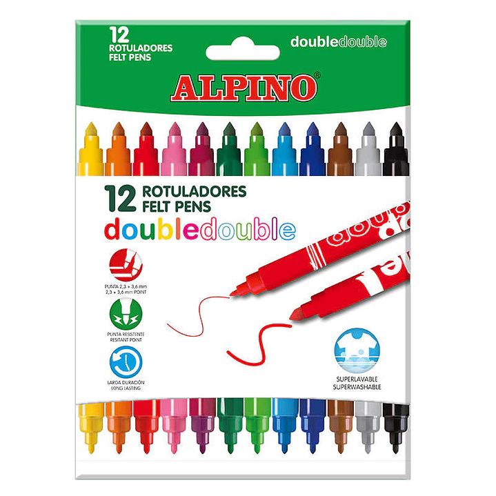 Alpino Double Double Pack con 12 Rotuladores Doble Punta - Punta Gruesa 3.6mm y Fina 2.3mm - Tinta Superlavable - Ideal para Trabajos Escolares y Dibu 1