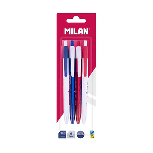 Milan P1 Nata® 624 Pack con 4 Boligrafos de Bola Retractiles - Punta Redonda 1mm - Tinta Color Azul - Cuerpos de Colores Surtidos