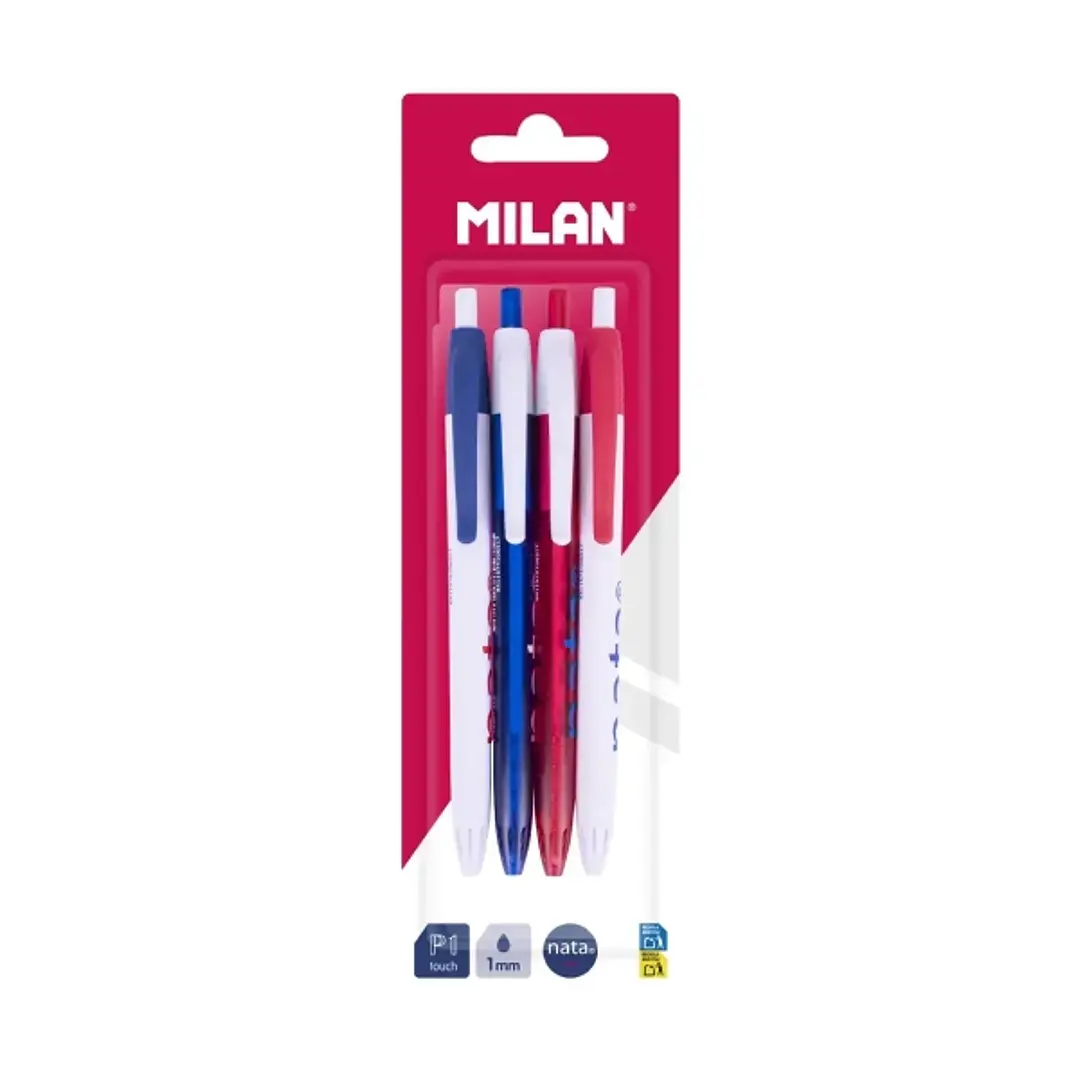 Milan P1 Nata® 624 Pack con 4 Boligrafos de Bola Retractiles - Punta Redonda 1mm - Tinta Color Azul - Cuerpos de Colores Surtidos 1