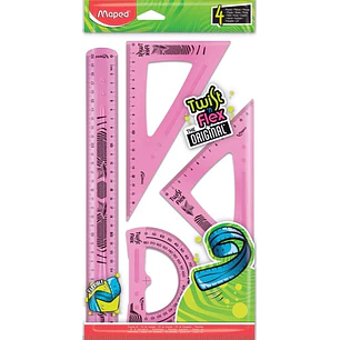 Maped Twist´n Flex Pack de Reglas Flexibles - Regla 30cm, Escuadra 45º/21cm, Cartabon 60º/21cm, Transportador 180º/12cm - Colores Surtidos Aleatorios