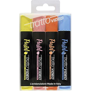 Tratto Video Pastel Pack de 4 Marcadores Fluorescentes - Punta Biselada - Tinta al Agua - Secado Rapido - Colores Surtidos
