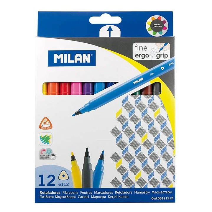 Milan Pack de 12 Rotuladores Triangulares - Punta Fina Conica 2mm - Tinta al Agua - Lavable - Colores Surtidos 1