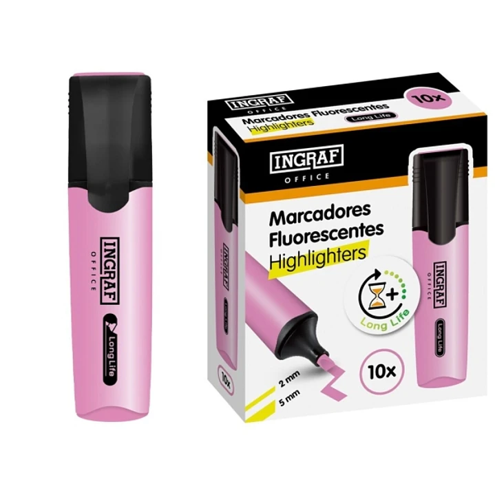 Ingraf Long-Life Marcador Fluorescente - Punta Biselada - Trazo 2-5mm - Tinta Base de Agua - Color Rosa 1
