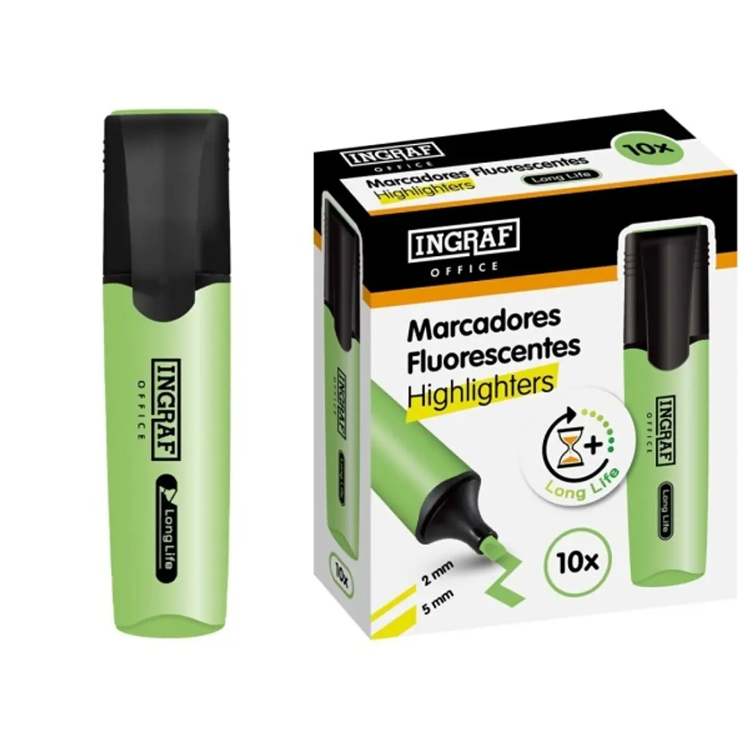 Ingraf Long-Life Marcador Fluorescente - Punta Biselada - Trazo 2-5mm - Tinta Base de Agua - Color Verde 1