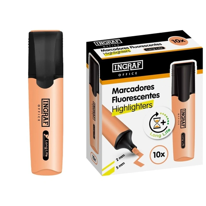 Ingraf Long-Life Marcador Fluorescente - Punta Biselada - Trazo 2-5mm - Tinta Base de Agua - Color Naranja 1