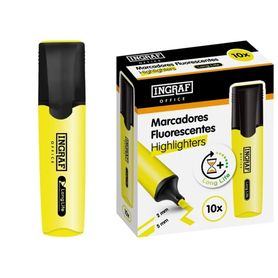 Ingraf Long-Life Marcador Fluorescente - Punta Biselada - Trazo 2-5mm - Tinta Base de Agua - Color Amarillo 1