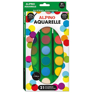 Alpino Pack de 21 Acuarelas + 2 Pinceles - 28mm de Diametro - Colores Surtidos