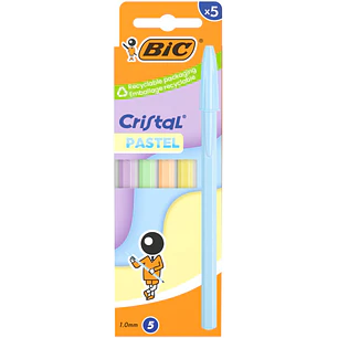 Bic Cristal Pastel Pack con 5 Boligrafos de Bola - Cuerpo Opaco en Colores Pastel - Punta redonda de 1mm - Trazo 0.4mm - Tinta con Base de Aceite - Co