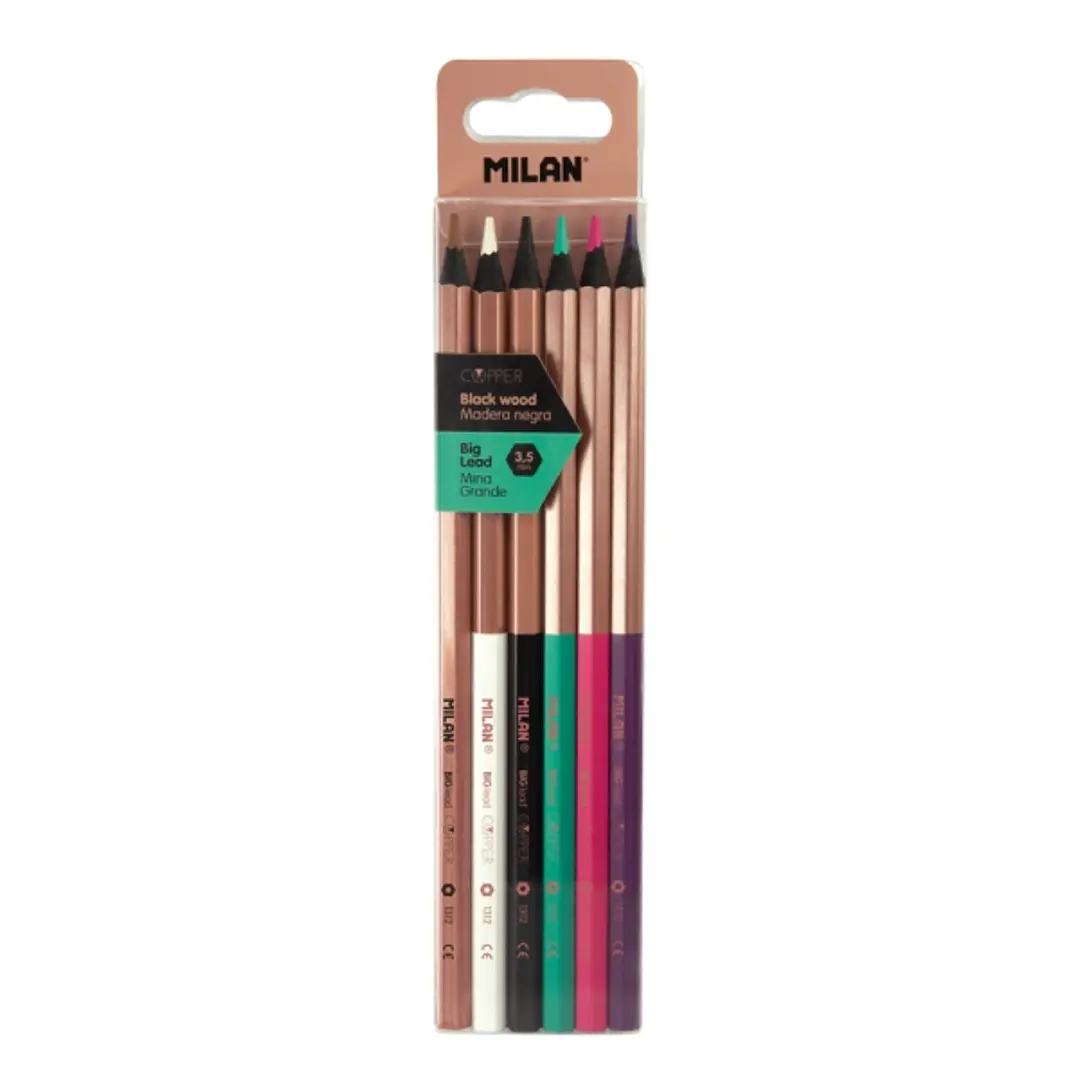Milan Copper Pack de 6 Lapices de Colores - Madera Negra - Mina Gruesa - Hexagonales - Colores Surtidos 1