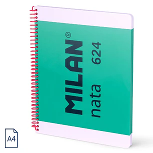 Milan Nata 624 Cuaderno Espiral Formato A4 Cuadricula 5x5mm - 80 Hojas de 95 gr/m2 - Microperforado, 4 Taladros - Color Verde