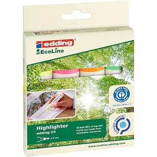 Edding 24 EcoLine Pack de 4 Marcadores Fluorescentes - Punta Biselada - Trazo entre 2-5mm - 90% de Plastico Reciclado - Etiqueta Ecologica Blue Angel 