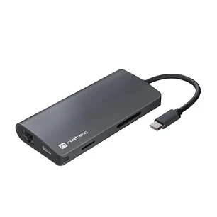Natec Fowler 2 Adaptador Multipuerto 8en1 - USB-C a USB 3.0, HDMI 4K, RJ45, SD, MICRO-SD - Color Gris