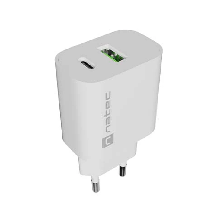 Natec Ribera Cargador de Pared 20W - 1xUSB-A + 1xUSB-C - Carga Rapida - 2 Dispositivos Simultaneos - Color Blanco 1