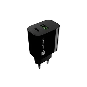 Natec Ribera Cargador de Pared 20W - 1xUSB-A + 1xUSB-C - Carga Rapida - 2 Dispositivos Simultaneos - Color Negro