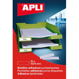 Apli Bolsillos Adhesivos para Etiquetas - Tamaño 19 x 75mm - Cambia la Informacion de la Etiqueta Segun tus Necesidades - 16 Bolsillos por Bolsa