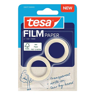 Tesa Paper Pack de 2 Cintas Adhesivas de Papel 19mm x 10 Metros - Casi Invisible en Superficies de Color Claro - Se puede Cortar con la Mano y Escribi