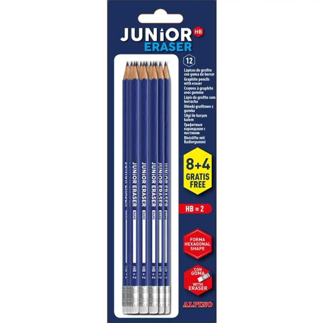 Alpino Junior Blister de 12 Lapices de Grafito HB con Goma - Espacio para el Nombre 1