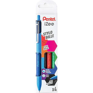 Pentel iZee Pack de 4 Boligrafos de Bola Retractiles - Punta 0.7mm - Trazo 0.35mm - Clip de Metal - Colores Negro, Azul, Rojo y Verde