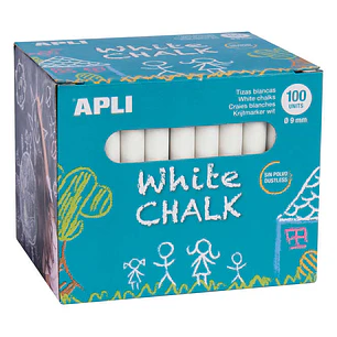 Apli Tizas Blancas Redondas - Pack de 100 Unidades Tamaño Ø 9 x 80mm - Ideales para Escribir, Dibujar y Colorear en Pizarras y Pavimentos - Aptas para