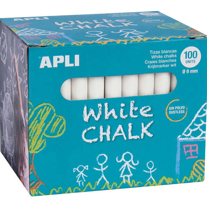 Apli Tizas Blancas Redondas - Pack de 100 Unidades Tamaño Ø 9 x 80mm - Ideales para Escribir, Dibujar y Colorear en Pizarras y Pavimentos - Aptas para 1