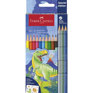 Faber-Castell Edicion Dinosaurios Pack de 13 Lapices de Colores Hexagonales - 10 Colores Clasicos + 3 Colores Metalizados - Incluye Pegatinas de Dinos