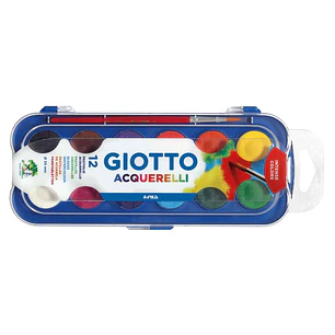 Giotto Estuche de 12 Acuarelas de 30mm + Pincel - Colores Brillantes, Intensos y Vivos - Muy Cubrientes - Colores Surtidos