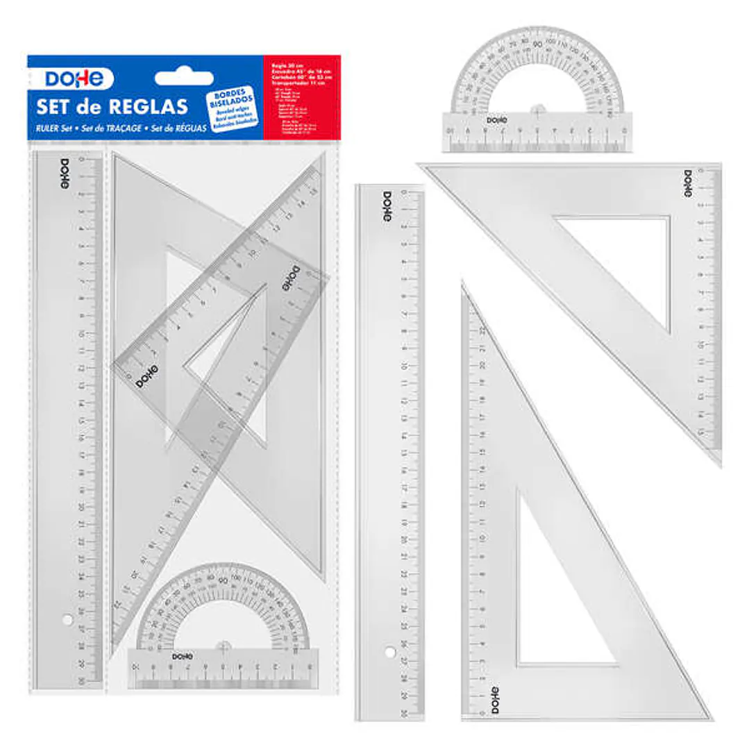 Dohe Set de Reglas - Regla, Escuadra, Cartabon y Transportador - Plastico Inyectado Transparente Cristal - Cantos Biselados y con Reborde 1