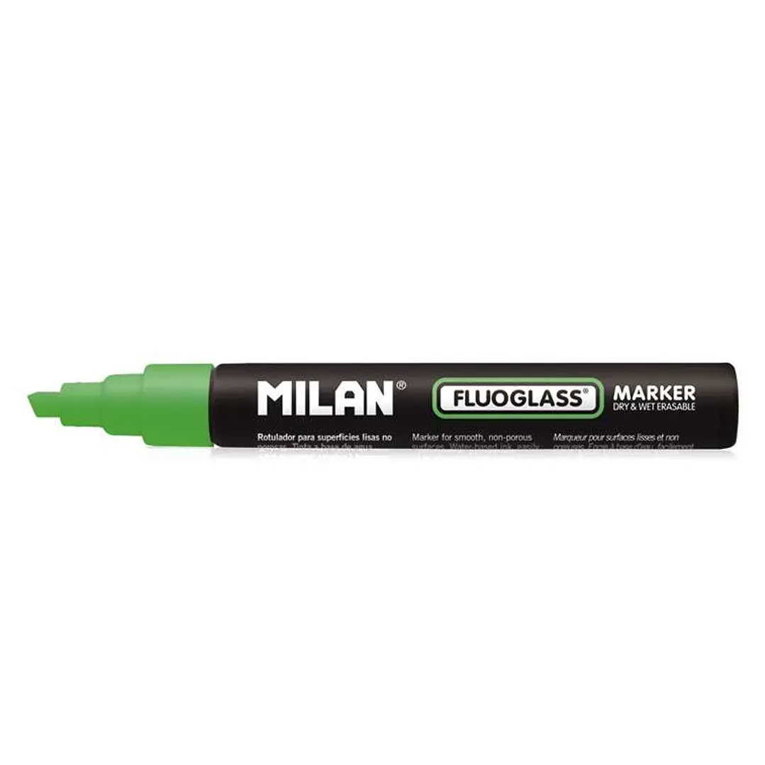 Milan Fluoglass Rotulador Superficies Lisas - Punta Biselada - Trazo de 2 a 4mm - Tinta al Agua - Borrado Facil - Color Verde 1