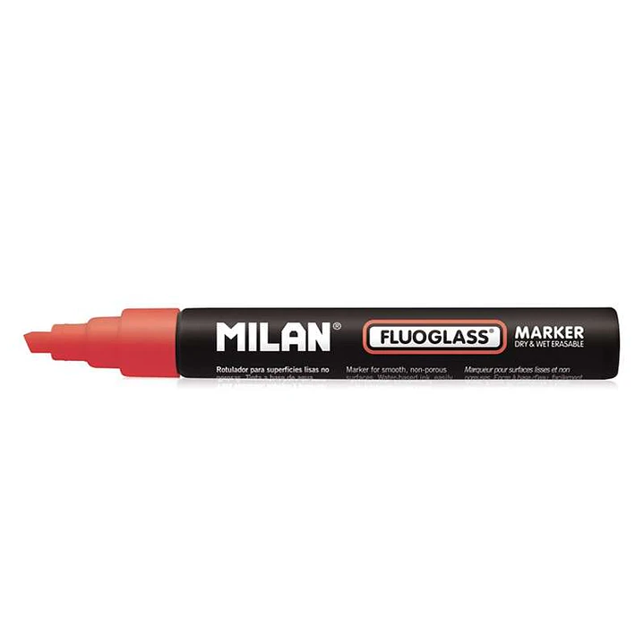 Milan Fluoglass Rotulador Superficies Lisas - Punta Biselada - Trazo de 2 a 4mm - Tinta al Agua - Borrado Facil - Color Rojo 1