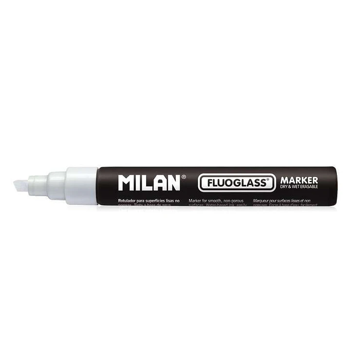 Milan Fluoglass Rotulador para Superficies Lisas  - Punta Biselada - Trazo de 2 a 4mm - Tinta al Agua - Borrado Facil - Color Blanco 1