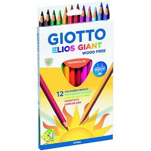 Giotto Elios Giant Wood Free Pack de 12 Lapices Triangulares de Colores - Sin Madera - Mina 5 mm - Colores Surtidos