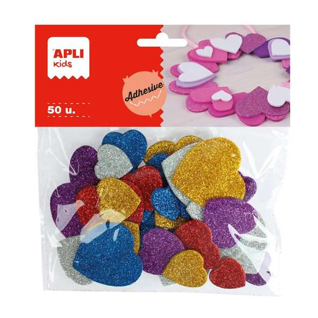 Apli Formas de Corazones Adhesivas de Goma Eva - 50 Formas - Medidas Surtidas - Material Suave y Seguro - Colores Surtidos Purpurina 1