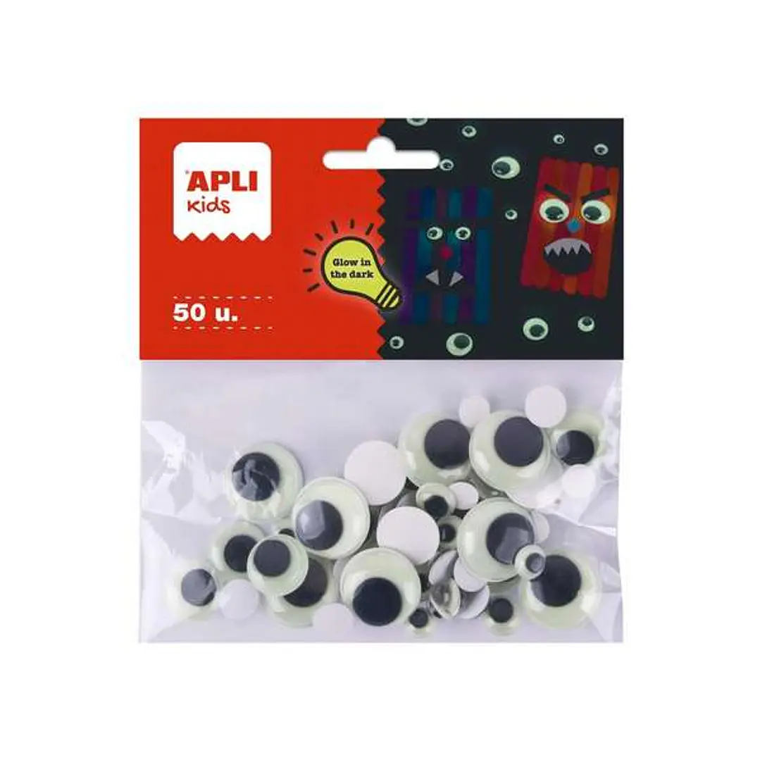 Apli Kids Bolsa de 50 Ojos Moviles Redondos Adhesivos - Brillan en la Oscuridad - Tamaños 8mm, 10mm, 15mm, 20mm 1