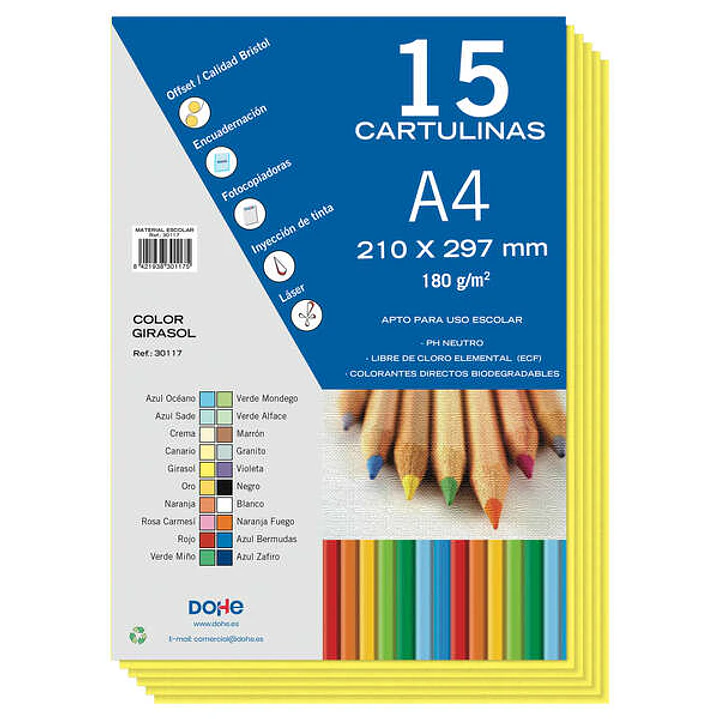Dohe Pack de 15 Cartulinas A4 de 180gr - Con PH Neutro - Libres de Cloro Elemental - Color Girasol 1