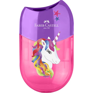 Faber-Castell Unicornio Sacapuntas de 2 Orificios con Deposito - Diseño Atractivo de Unicornio - Color Rosa/Violeta
