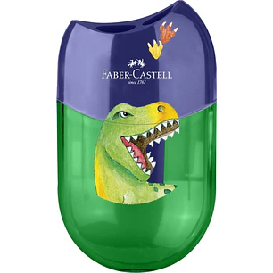 Faber-Castell Dinosaurio Sacapuntas de 2 Orificios con Deposito - Diseño Atractivo de Dinosaurio - Color Verde/Azul