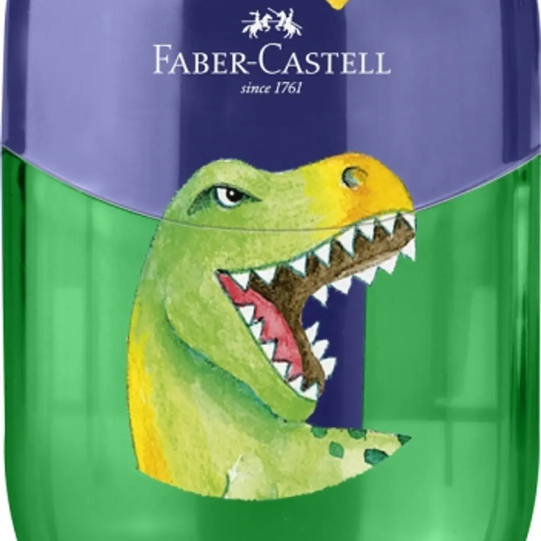 Faber-Castell Dinosaurio Sacapuntas de 2 Orificios con Deposito - Diseño Atractivo de Dinosaurio - Color Verde/Azul 1